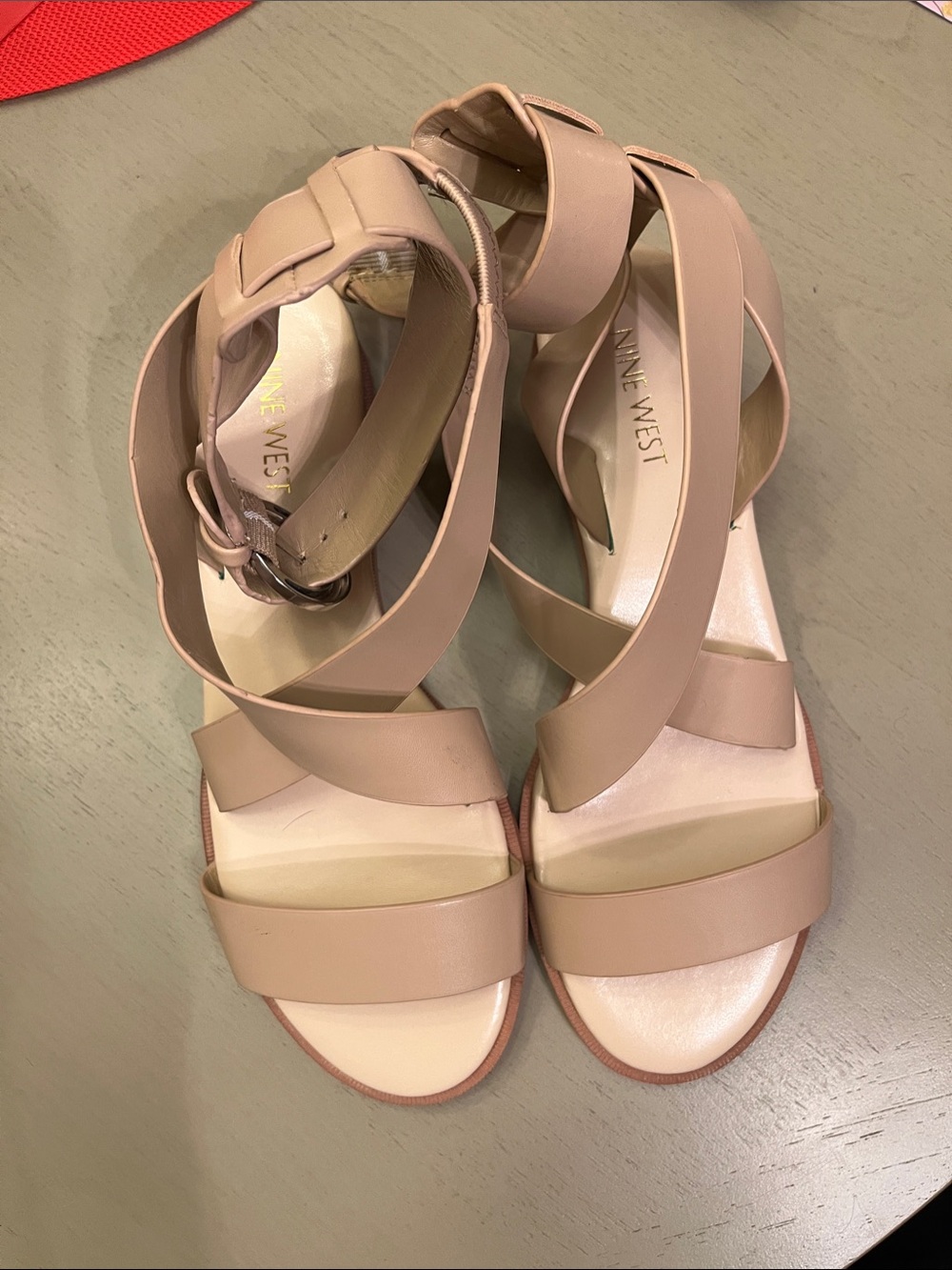 Nine West Nude Strappy Platform Ankle-Wrap Sandals